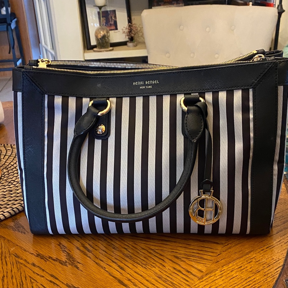 Henri Bendel Black and White Striped Satchel/ Shoulder bag, great condition!